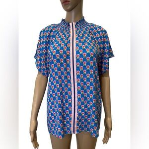 THML Floral Blue Smocked Neck Flower Print Women's Top size L